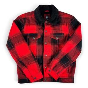 Gap Denim Sherpa Lined Red and Black Buffalo Plaid Trucker Jacket
